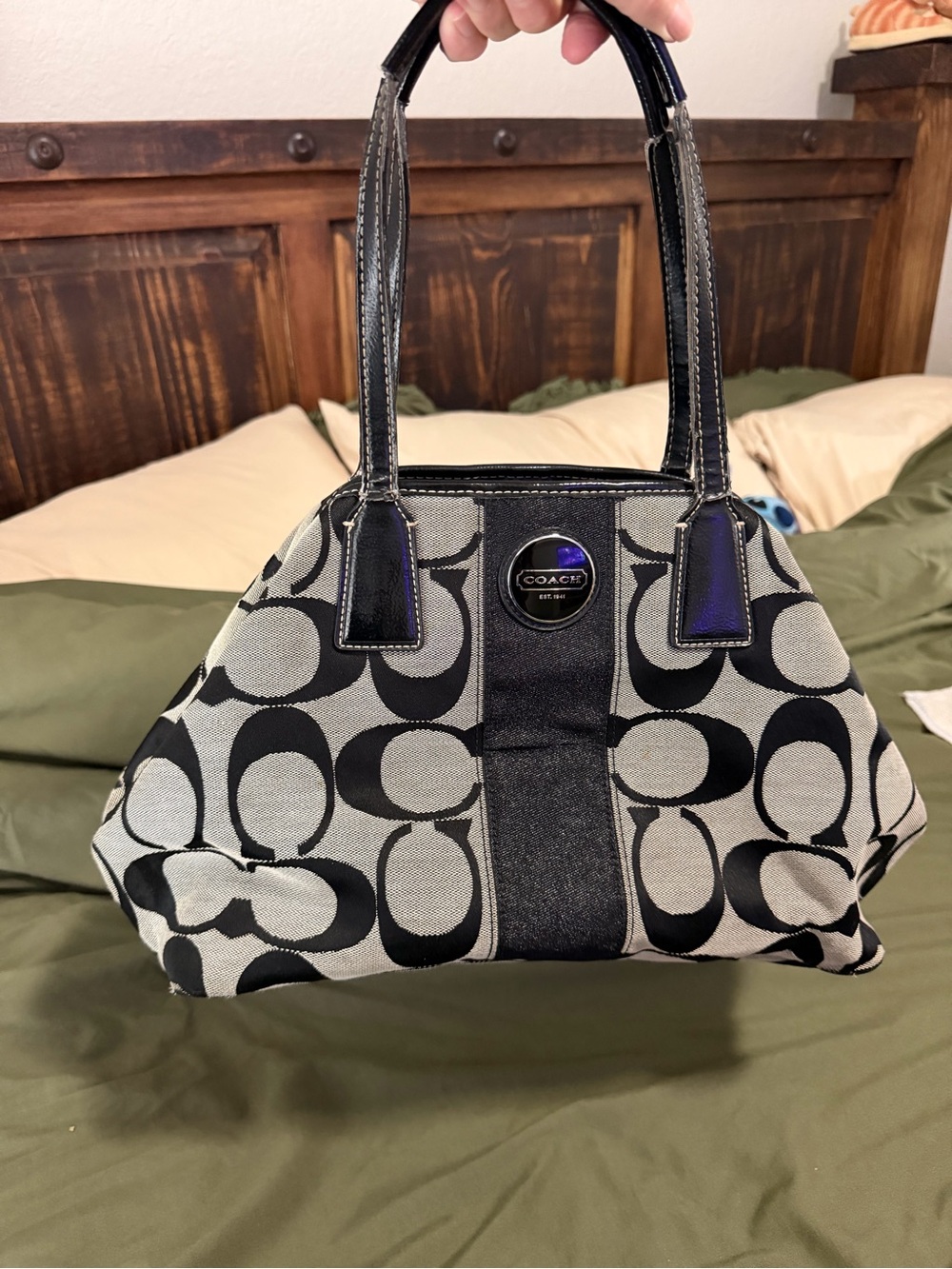 Coach Black & Gray Signature Jacquard Shoulder Bag with Patent Trim